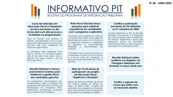 <p>INFORMATIVO PIT - BOLETIM DO PROGRAMA DE INTEGRA&Ccedil;&Atilde;O TRIBUT&Aacute;RIA</p>