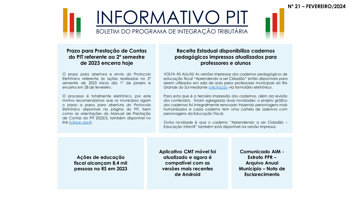 <p>BOLETIM DO PROGRAMA DE INTEGRA&Ccedil;&Atilde;O TRIBUT&Aacute;RIA - PIT</p>