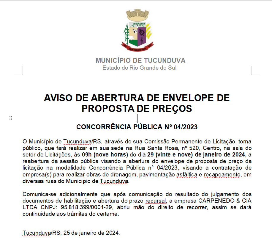 CONCORRÊNCIA PÚBLICA Nº 04/2023_AVISO DE ABERTURA DE ENVELOPE DE PROPOSTA DE PREÇOS  
