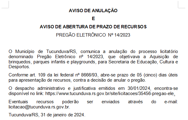 PREGÃO ELETRÔNICO Nº 14/2023 - AQUISIÇÃO DE BRINQUEDOS - AVISO DE ANULAÇÃO E AVISO DE ABERTURA DE PRAZO DE RECURSOS