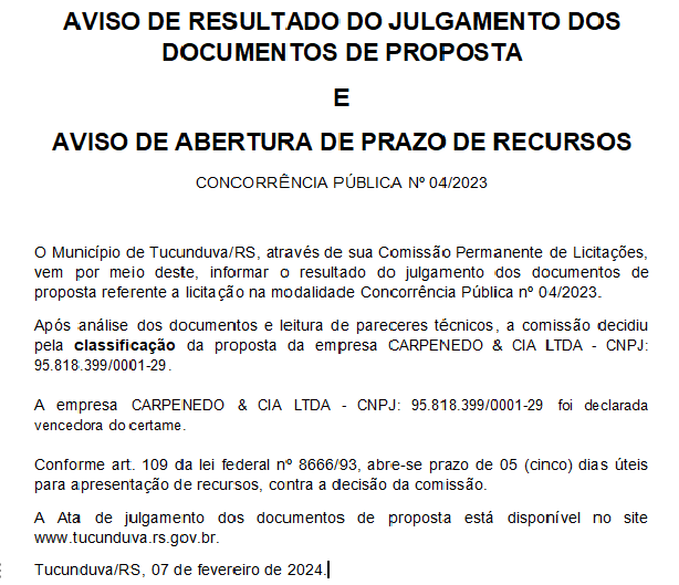 CONCORRÊNCIA PÚBLICA Nº 04/2023 - AVISO DE RESULTADO DO JULGAMENTO DOS DOCUMENTOS DE PROPOSTA E ABERTURA DE PRAZO DE RECURSOS