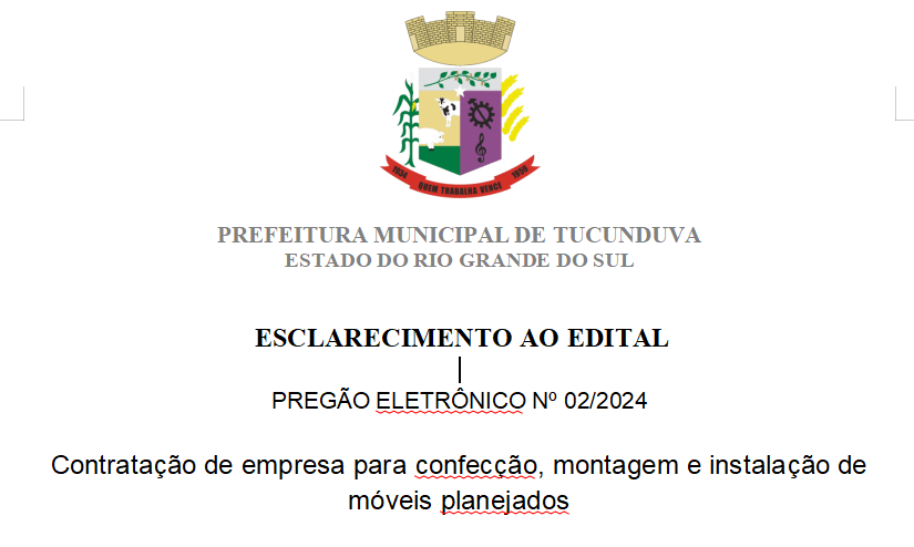 <p style="text-align: center;">ESCLARECIMENTO&nbsp;AO EDITAL -&nbsp;&nbsp;PRE N&ordm; 02/2024 -&nbsp;Contrata&ccedil;&atilde;o de empresa para confec&ccedil;&atilde;o, montagem e instala&ccedil;&atilde;o de m&oacute;veis planejados</p>
