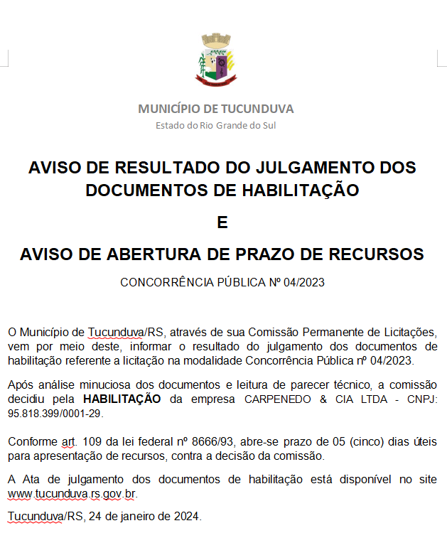 CONCORRÊNCIA PÚBLICA 04/2023_AVISO_RESULTADO DO JULGAMENTO DOS DOCUMENTOS DE HABILITAÇÃO_ABERTURA DE PRAZO DE RECURSOS