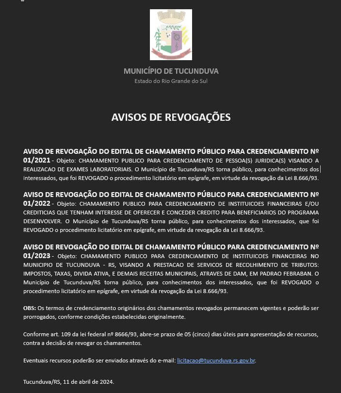<p>AVISO DE REVOGA&Ccedil;&Otilde;ES DE CHAMAMENTOS P&Uacute;BLICOS PARA CREDENCIAMENTO: CHC 01_21&nbsp; - CHC 01_22 - CHC 01_23</p>