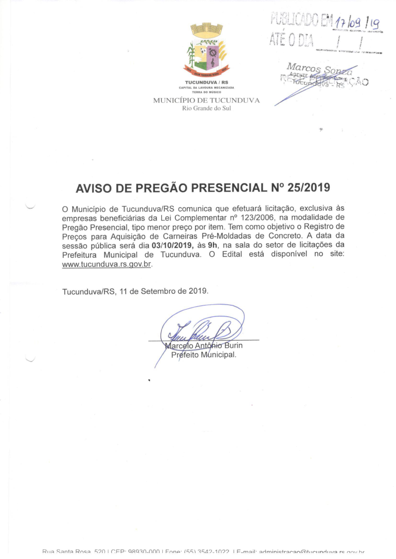 AVISO DE PP Nº 25/2019 - SRP - AQUISIÇÃO DE CARNEIRAS