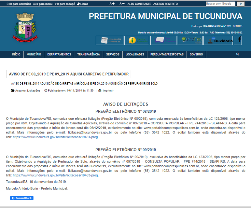 AVISO DE PE 08_2019 E PE 09_2019 AQUISI CARRETAS E PERFURADOR