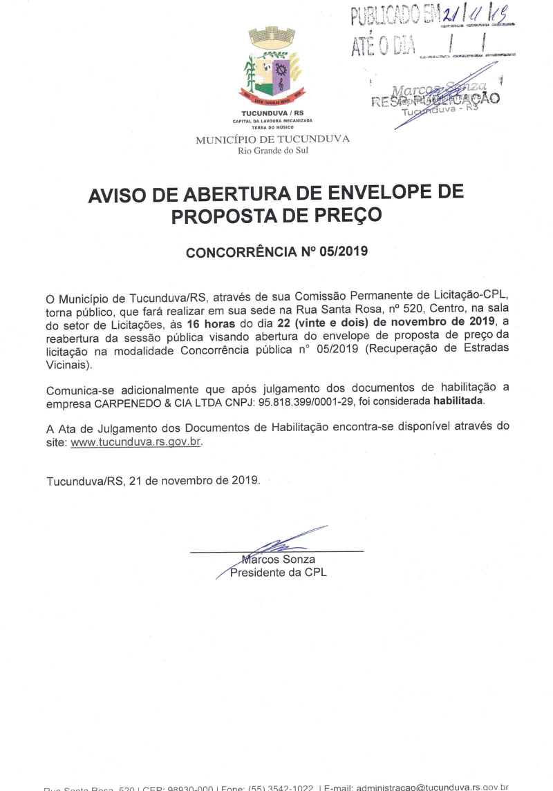 AVISO DE ABERTURA ENVELOPE PROPOSTA DE PREÇO CNC 05_2019