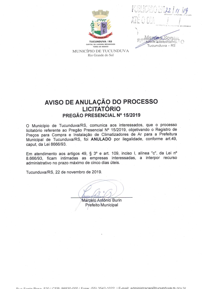 AVISO DE ANULAÇÃO PP 15_2019 SRP AQUIS E INSTAL CLIMATIZADORES