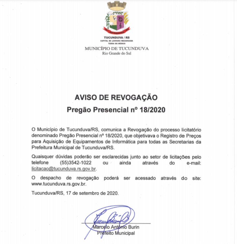PREGÃO PRESENCIAL Nº 18_2020 AVISO DE REVOGAÇÃO