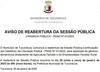 <p>AVISO DE REABERTURA DA SESS&Atilde;O P&Uacute;BLICA - CHAMADA P&Uacute;BLICA - PNAE N&ordm; 01_2025 - AQUISI&Ccedil;&Atilde;O DE G&Ecirc;NEROS ALIMENT&Iacute;CIOS&nbsp;</p>