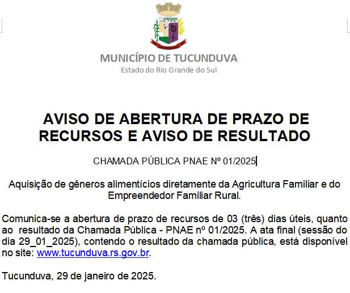 <p>CHAMADA P&Uacute;BLICA PNAE N&ordm; 01/2025 -&nbsp;AVISO DE ABERTURA DE PRAZO DE RECURSOS E AVISO DE RESULTADO&nbsp;</p>