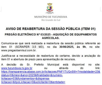 <p>AVISO DE REABERTURA DA SESS&Atilde;O P&Uacute;BLICA (ITEM 01) -&nbsp;PREG&Atilde;O ELETR&Ocirc;NICO N&ordm; 03/2025 - AQUISI&Ccedil;&Atilde;O DE EQUIPAMENTOS AGR&Iacute;COLAS.</p>