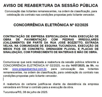 <p><strong>CONCORR&Ecirc;NCIA N&ordm; 02/2025 -&nbsp;AVISO DE&nbsp;REABERTURA DA SESS&Atilde;O P&Uacute;BLICA - CONVOCA&Ccedil;&Atilde;O DAS&nbsp;LICITANTES REMANESCENTES.</strong></p>