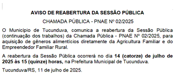 <p>AVISO DE REABERTURA DA SESS&Atilde;O P&Uacute;BLICA - CHAMADA P&Uacute;BLICA - PNAE N&ordm; 02_2025 - AQUISI&Ccedil;&Atilde;O DE G&Ecirc;NEROS ALIMENT&Iacute;CIOS&nbsp;</p>