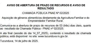 <p>CHAMADA P&Uacute;BLICA PNAE N&ordm; 02/2025 -&nbsp;AVISO DE ABERTURA DE PRAZO DE RECURSOS E AVISO DE RESULTADO.</p>