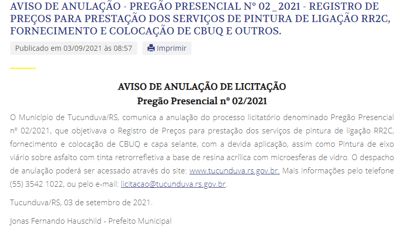 AVISO DE ANULAÇÃO - PREGÃO PRESENCIAL Nº 02_2021 - REGISTRO DE PREÇOS PARA PRESTAÇÃO DOS SERVIÇOS DE PINTURA DE LIGAÇÃO RR2C, FORNECIMENTO E COLOCAÇÃO DE CBUQ E OUTROS. 