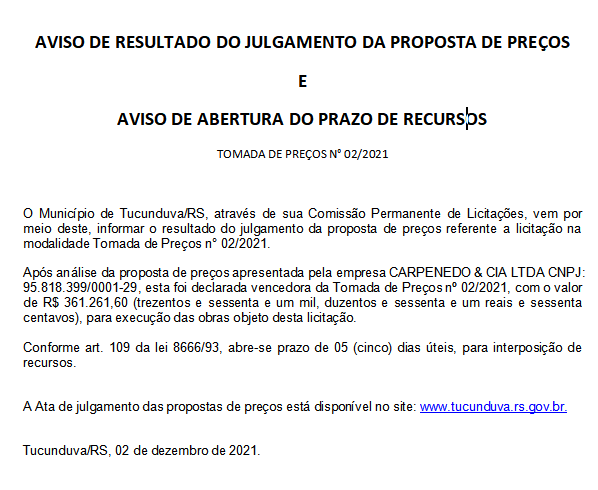 RESULTADO DO JULGAMENTO_PROPOSTA DE PREÇOS_ AVISO DE ABERTURA PRAZO RECURSAL TMP 02_2021