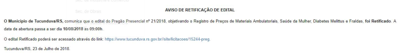 AVISO DE RETIFICAÇÃO DE EDITAL PP 21/2018