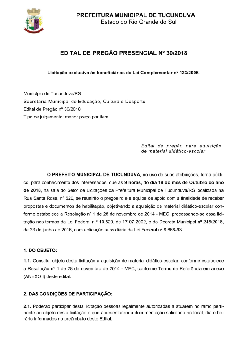 AVISO DE PREGÃO PRESENCIAL Nº 30/2018 - AQUISIÇÃO MATERIAL DIDÁTICO - ESCOLAR 