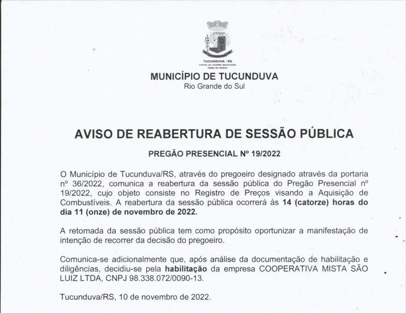 AVISO DE REABERTURA DA SESSÃO PÚBLICA DO PREGÃO PRESENCIAL 19_2022 - SRP - AQUISIÇÃO DE COMBUSTÍVEIS