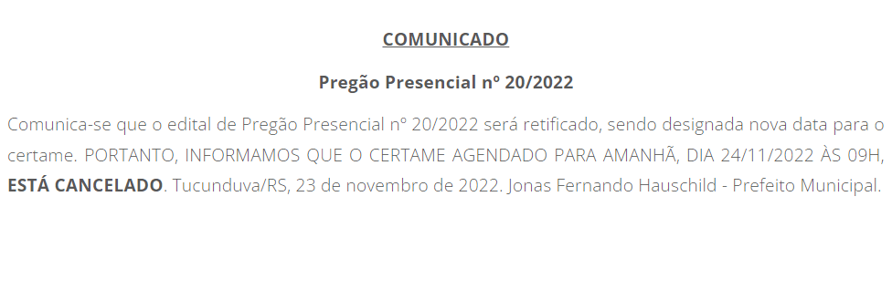 AVISO DE CANCELAMENTO DE DATA - PREGÃO PRESENCIAL Nº 20/2022 - SISTEMAS DE GERAÇÃO DE ELETRICIDADE ATRAVÉS DA CONVERSÃO FOTOVOLTAICA.