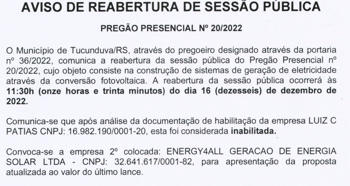 AVISO DE REABERTURA DA SESSÃO PÚBLICA - PREGÃO PRESENCIAL 20/2022 - CONSTRUÇÃO DE SISTEMAS DE GERAÇÃO DE ELETRICIDADE ATRAVÉS DA CONVERSÃO FOTOVOLTAICA