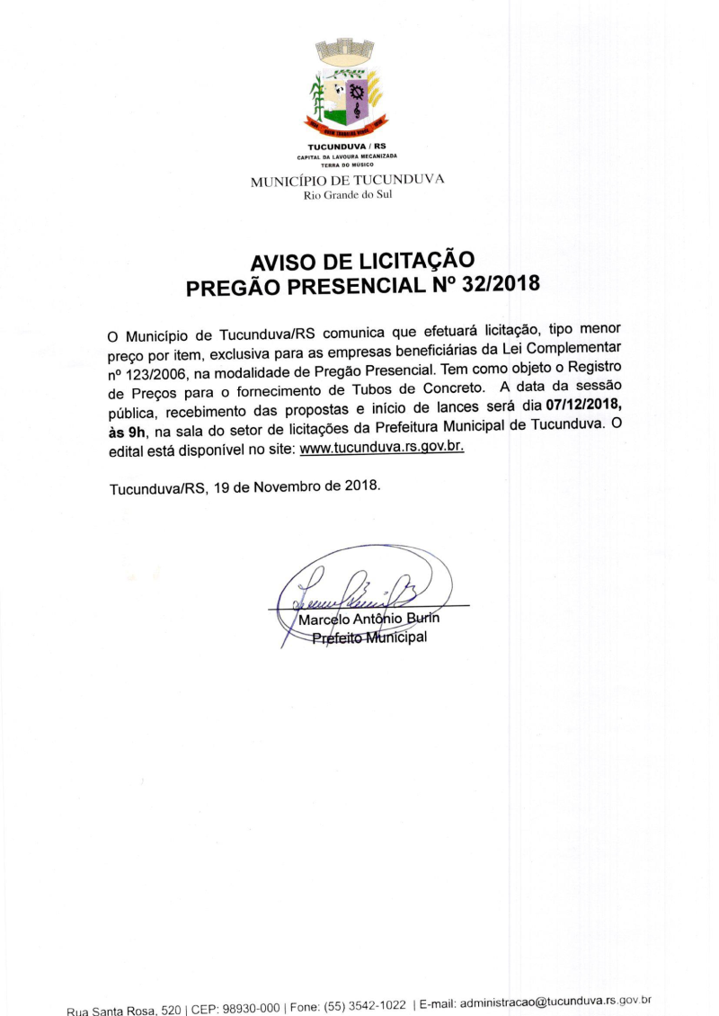 AVISO DE PREGÃO PRESENCIAL Nº 32/2018 - REGISTRO DE PREÇOS PARA AQUISIÇÃO DE TUBOS DE CONCRETO
