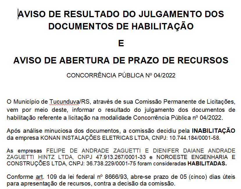 AVISO_RESULTADO JULG DOC HABILITAÇÃO E ABERTURA DE PRAZO DE RECURSOS - CNC Nº 04_2022 - REFORMA QUADRA E ESCOLA SÃO JOSÉ OPERARIO