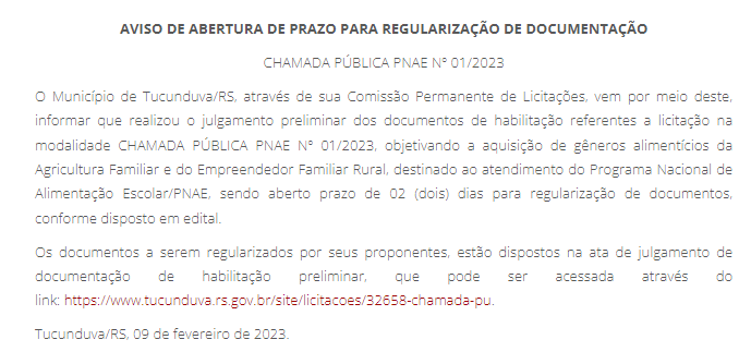 ABERTURA DE PRAZO PARA REGULARIZAÇÃO DE DOCUMENTO - CHAMADA PÚBLICA PNAE Nº 01/2023 - ALIMENTAÇÃO ESCOLAR