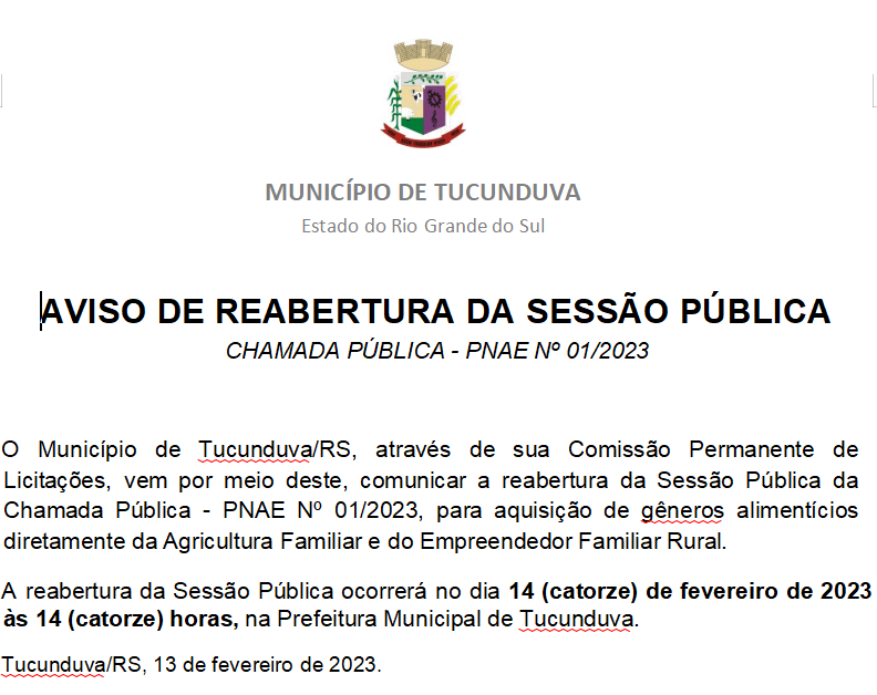 AVISO DE REABERTURA DA SESSÃO PÚBLICA   - CHAMADA PÚBLICA - PNAE Nº 01/2023 - ALIMENTAÇÃO ESCOLAR