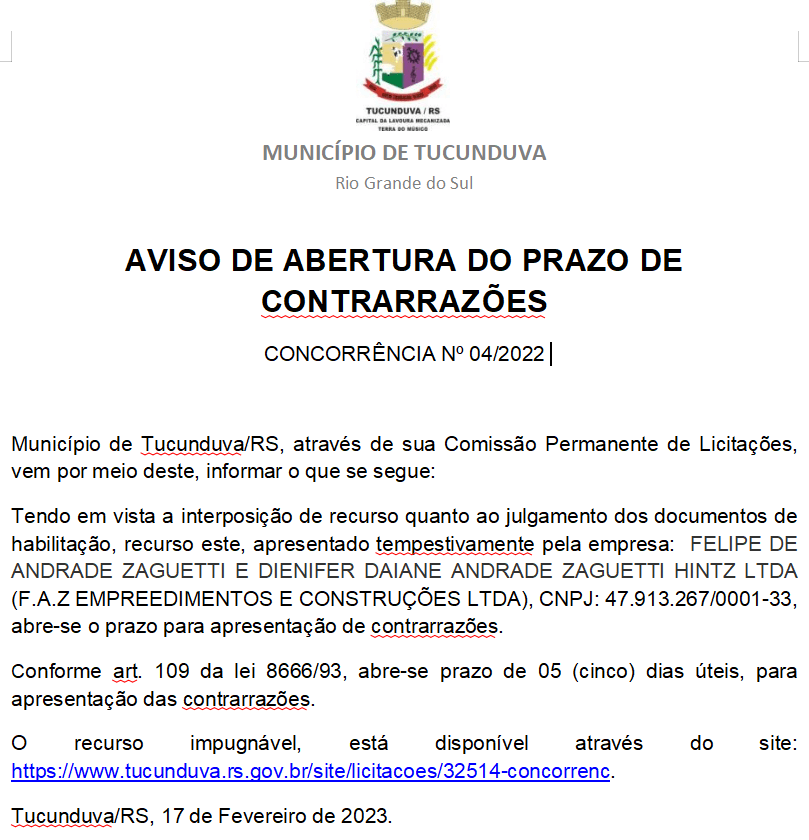 AVISO DE ABERTURA DO PRAZO DE CONTRARRAZÕES  - CONCORRÊNCIA PÚBLICA Nº 04/2022 - REFORMA ESCOLA_QUADRA SÃO JOSÉ OPERÁRIO