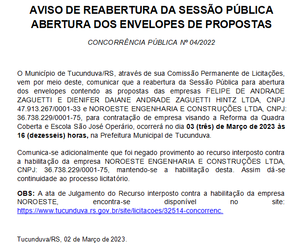 CONCORRÊNCIA PÚBLICA Nº 04_2022 - AVISO DE REABERTURA DA SESSÃO PÚBLICA - ABERTURA DOS ENVELOPES DE PROPOSTAS