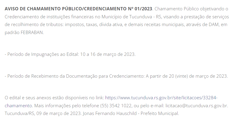 CHAMAMENTO PÚBLICO/CREDENCIAMENTO N° 01/2023 - PRESTAÇÃO DE SERVIÇOS DE RECOLHIMENTO DE TRIBUTOS