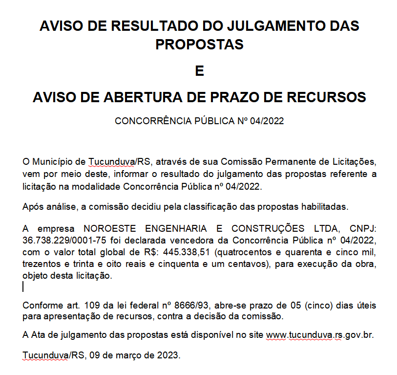 CONCORRÊNCIA PÚBLICA Nº 04_2022 - AVISO DE RESULTADO DO JULGAMENTO DAS PROPOSTAS E AVISO DE ABERTURA DE PRAZO DE RECURSOS