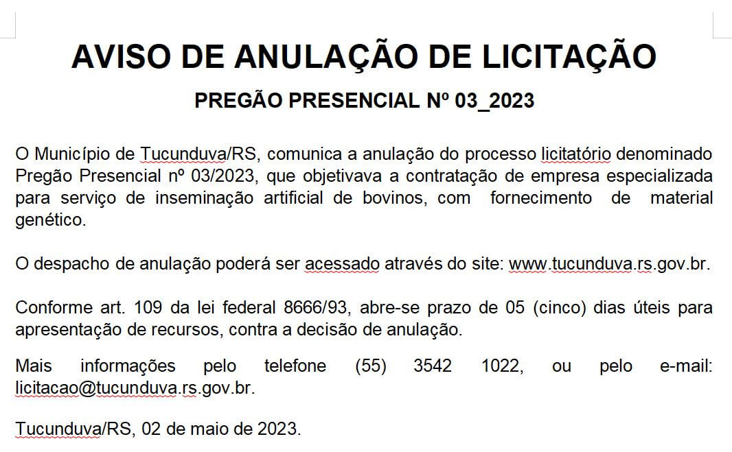AVISO DE ANULAÇÃO - PREGÃO PRESENCIAL 03/2023 - CONTRATAÇÃO DE SERVIÇOS DE INSEMINAÇÃO DE BOVINOS