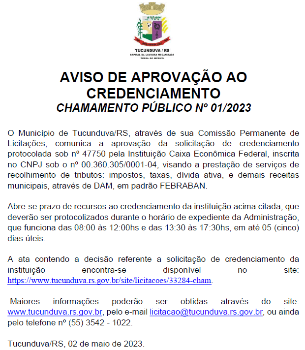 AVISO DE APROVAÇÃO CREDENCIAMENTO CAIXA ECON. FEDERAL_CHC Nº 01_2023 - Prestação de serviços de recolhimento de tributos.
