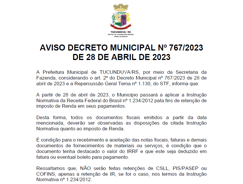 AVISO DECRETO MUNICIPAL Nº 767/2023 DE 28 DE ABRIL DE 2023