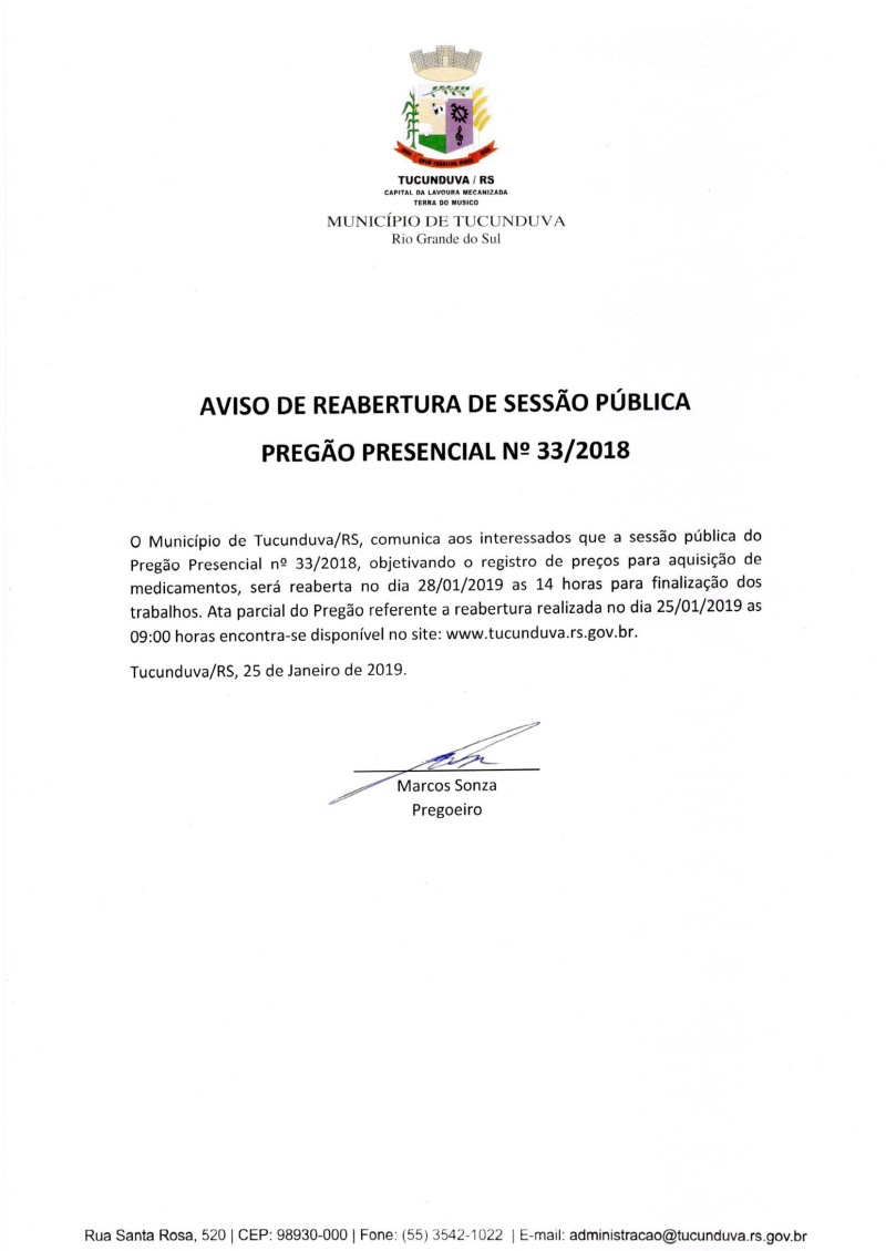 AVISO DE REABERTURA DE SESSÃO PÚBLICA - PREGÃO PRESENCIAL Nº 33/2018