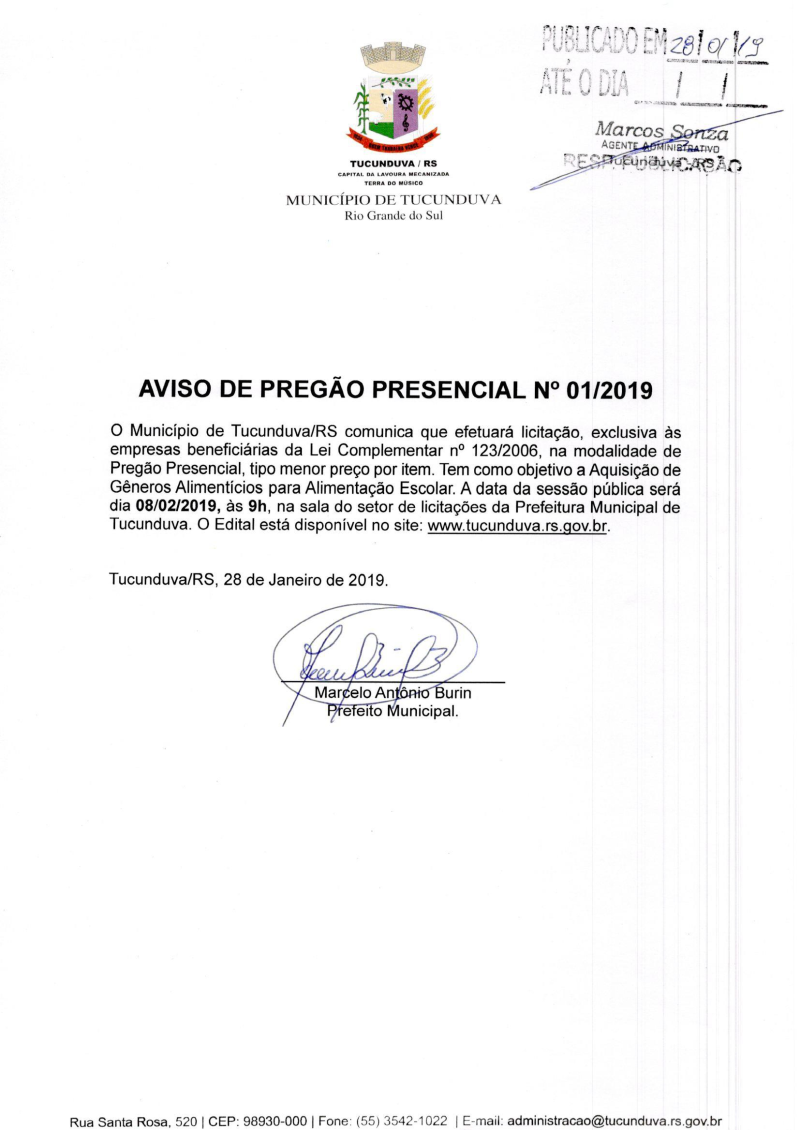 AVISO DE PREGÃO PRESENCIAL Nº 01/2019 - AQUISIÇÃO DE GÊNEROS ALIMENTÍCIOS PARA ALIMENTAÇÃO ESCOLAR.