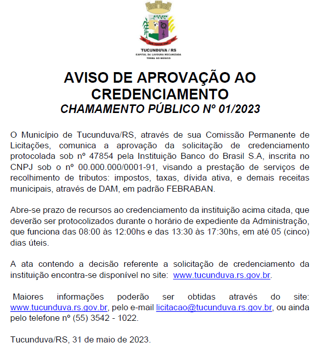 AVISO DE APROVAÇÃO CREDENCIAMENTO BANCO DO BRASIL_CHC Nº 01_2023 - Prestação de serviços de recolhimento de tributos.