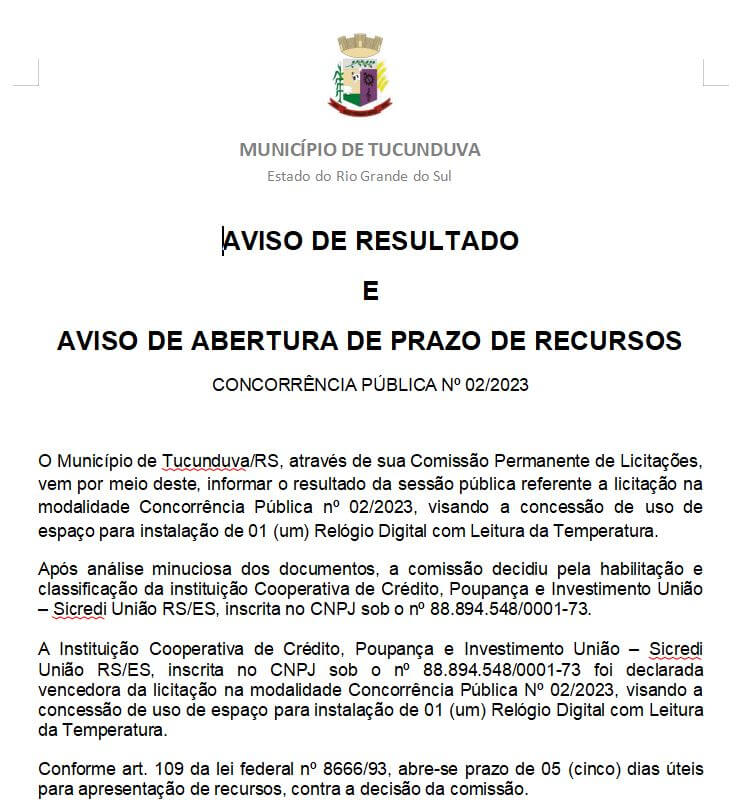 AVISO DE RESULTADO E ABERTURA DE PRAZO DE RECURSOS - CNC 02_2023 - CONCESSÃO DE USO DE ESPAÇO PARA INSTALAÇÃO DE 01 RELÓGIO DIGITAL