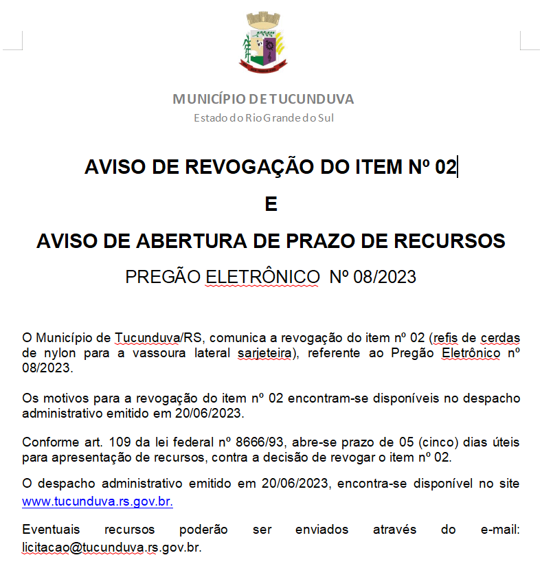 AVISO DE REVOGAÇÃO DO ITEM Nº 02_ABERTURA DE PRAZO DE RECURSOS - PREGÃO ELETRÔNICO Nº 08/2023