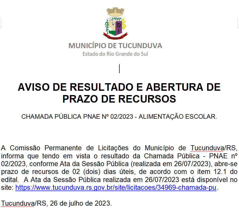 AVISO DE RESULTADO E ABERTURA DE PRAZO DE RECURSOS - CHAMADA PÚBLICA PNAE Nº 02/2023 - ALIMENTAÇÃO ESCOLAR.