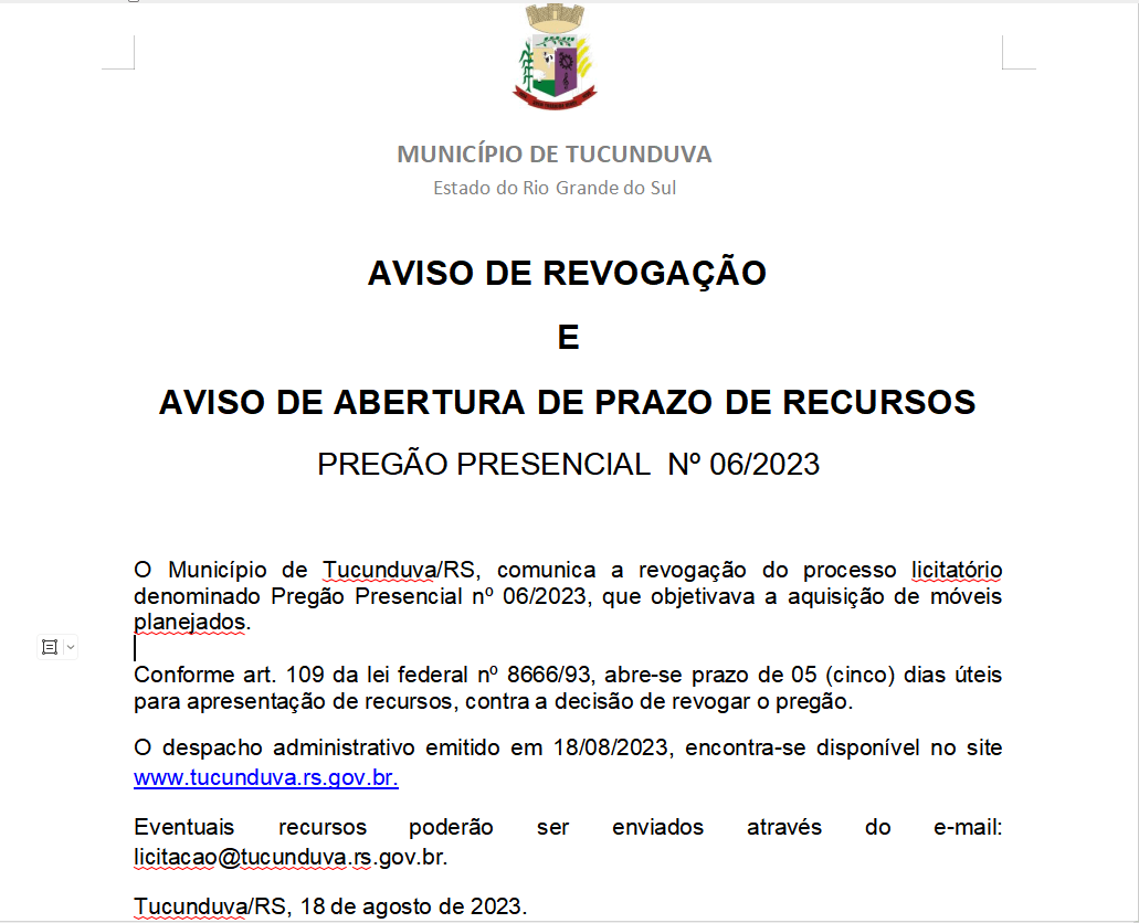 AVISO DE REVOGAÇÃO E ABERTURA DE PRAZO DE RECURSOS - PREGÃO PRESENCIAL N° 06/2023