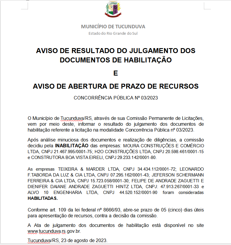 AVISO DE RESULTADO E ABERTURA DE PRAZO RECURSAL - JULGAMENTO DOCUMENTOS DE HABILITAÇÃO CNC Nº03/2023 - CONSTRUÇÃO DO CENTRO PÚBLICO DE CONVIVÊNCIA