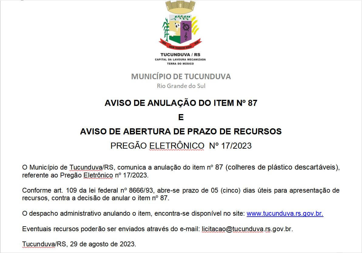 AVISO DE ANULAÇÃO DO ITEM N° 87 - PREGÃO ELETRÔNICO N° 17/2023