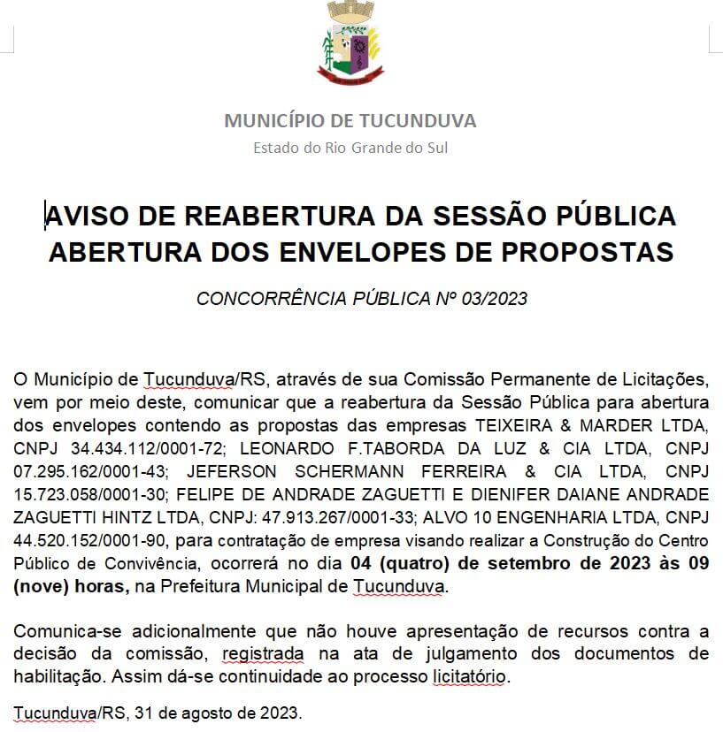 AVISO DE REABERTURA DA SESSÃO PÚBLICA - ABERTURA DOS ENVELOPES DE PROPOSTAS - CONCORRÊNCIA PÚBLICA N° 03/2023