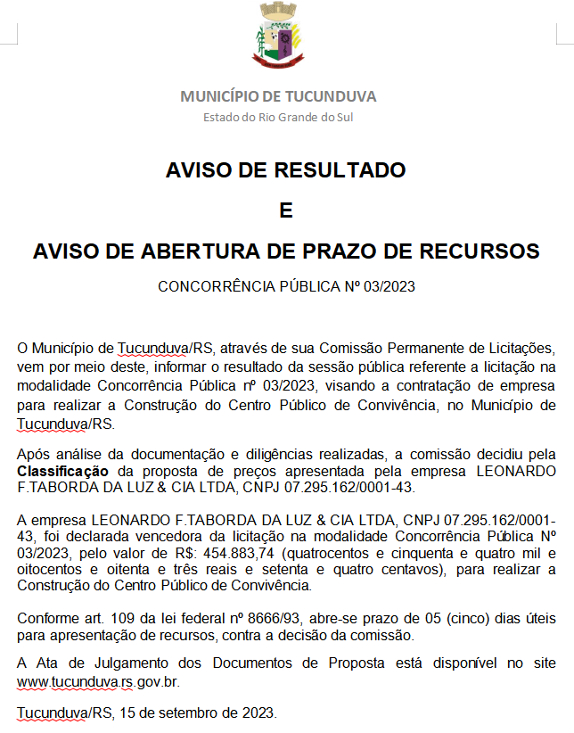 AVISO DE RESULTADO E AVISO DE ABERTURA DE PRAZO DE RECURSOS - CNC Nº 03/2023 - CONSTRUÇÃO DO CENTRO PÚBLICO DE CONVIVÊNCIA.