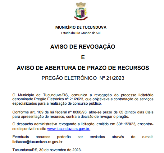 AVISO DE REVOGAÇÃO E ABERTURA DE PRAZO DE RECURSOS - PREGÃO ELETRÔNICO N° 21/2023