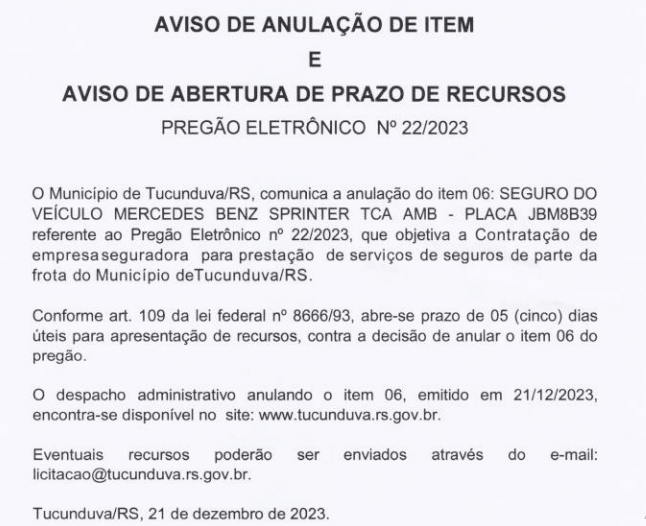 AVISO DE ANULAÇÃO DE ITEM E AVISO DE ABERTURA E PRAZO DE RECURSOS - PREGÃO ELETRÔNICO N° 22/2023